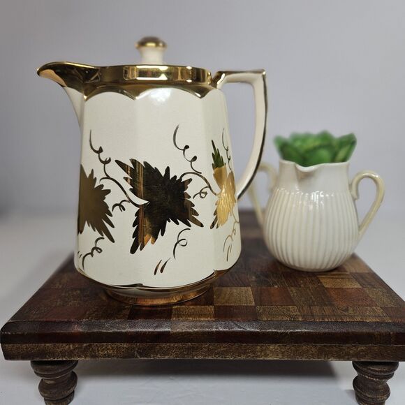 Vtg Price Bros Teapot Gold on  Cream Golden Grape Leaves Autumn Ceramic Lidded - Picture 7 of 13